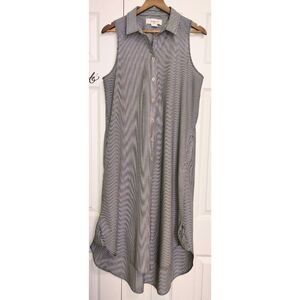 Workshop Dresses Black/White Pinstripe Midi Hi-Lo Shirtdress w/Pockets (Sz L)